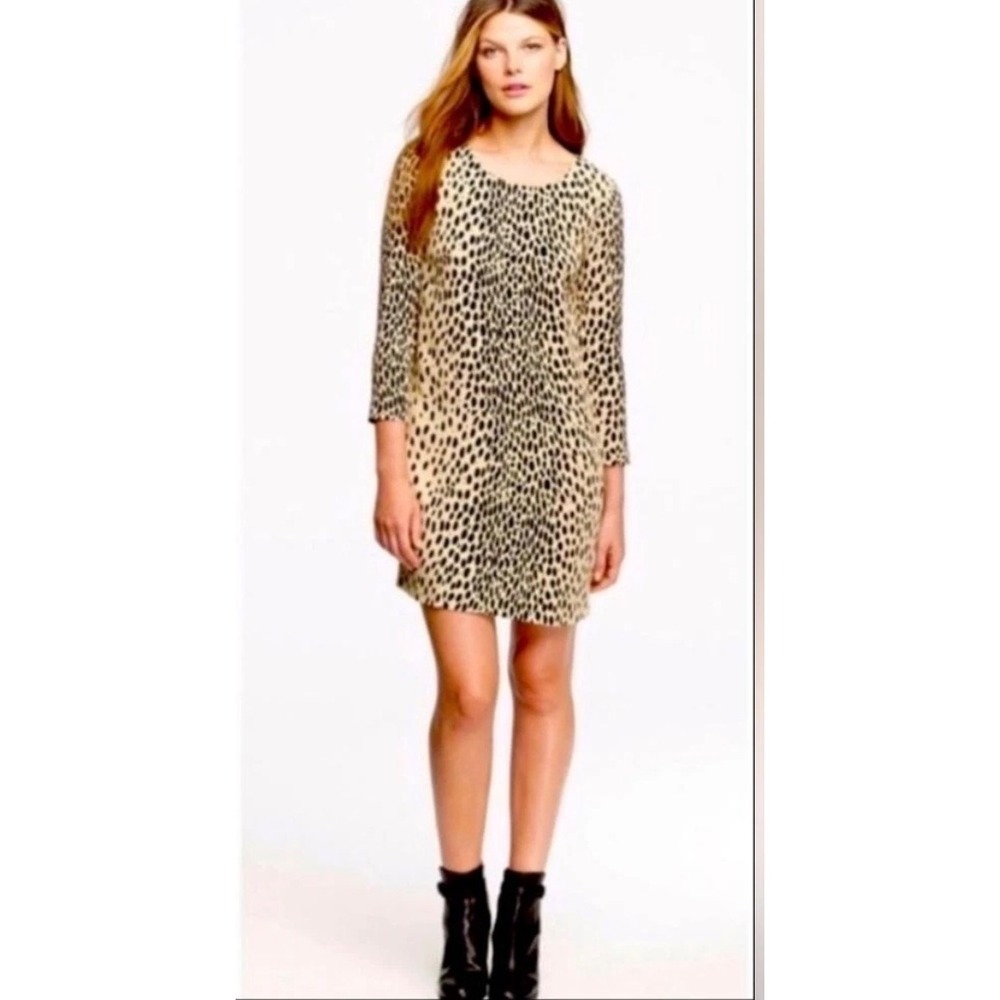 J.CREW Jules Shift Dress Womens 10 Tan‎ Black Leopard Print Long Sleeve Pockets